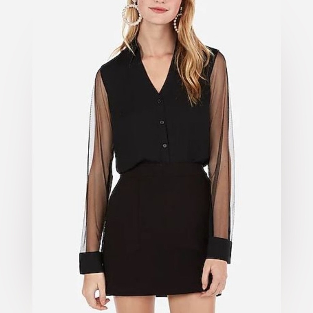 Express‎ Black long Sleeve Button Down Blouse Mesh Sleeves S
